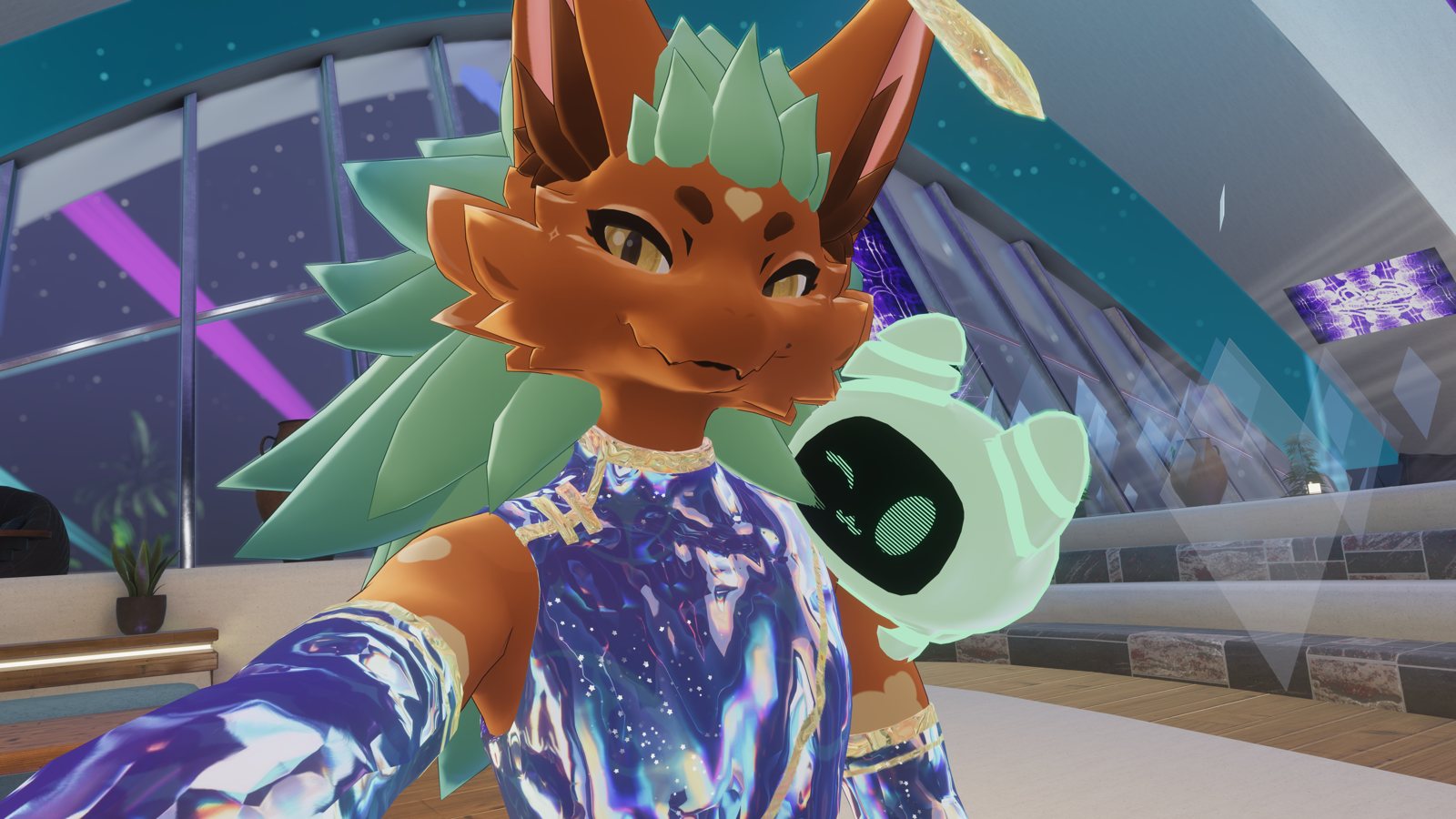 AnaGoat's avatar in VRChat: an orange-furred goat and snow leopard with mint hair, gold eyes and a heart on her forehead, in a holographic outfit beside a small robot companion.
